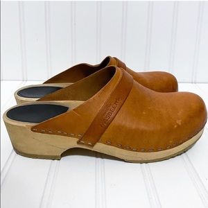Swedish Hasbeens Husband Tan Wood Heel Clog Mules